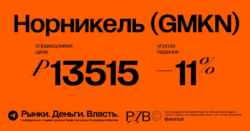 Подробнее о статье Норникель (GMKN): справедливая цена акций ПОНИЖЕНА до 13515 рублей, даунсайд 11%. #оценка  В новой о