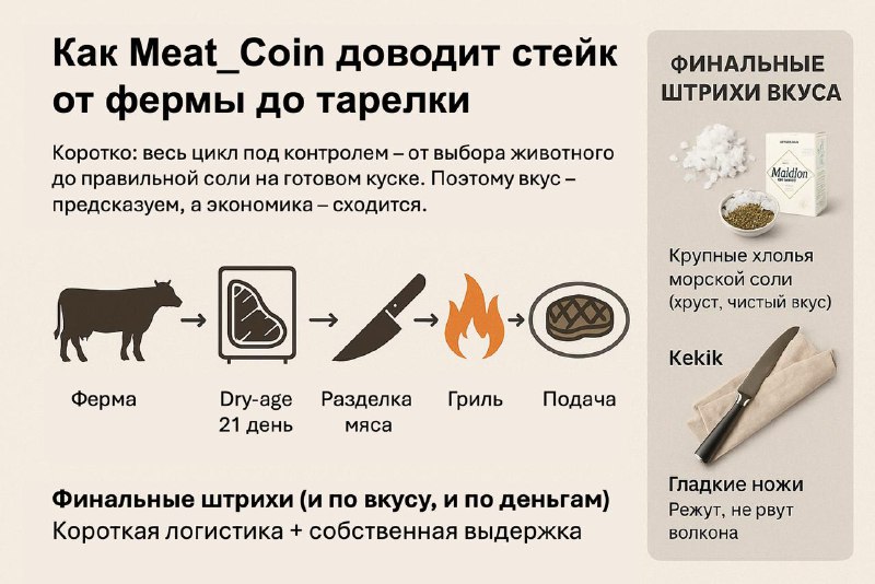 Подробнее о статье Стейк от фермы до тарелки. MeatCoin контролирует весь цикл: от животного  до соли на краю тарелки. П