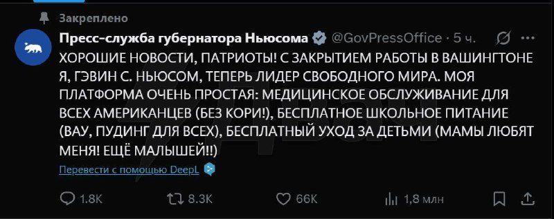 Вы сейчас просматриваете Губернатор Калифорнии Гэвин Ньюсом перегрелся на солнце и объявил себя лидером свободного мира, посл